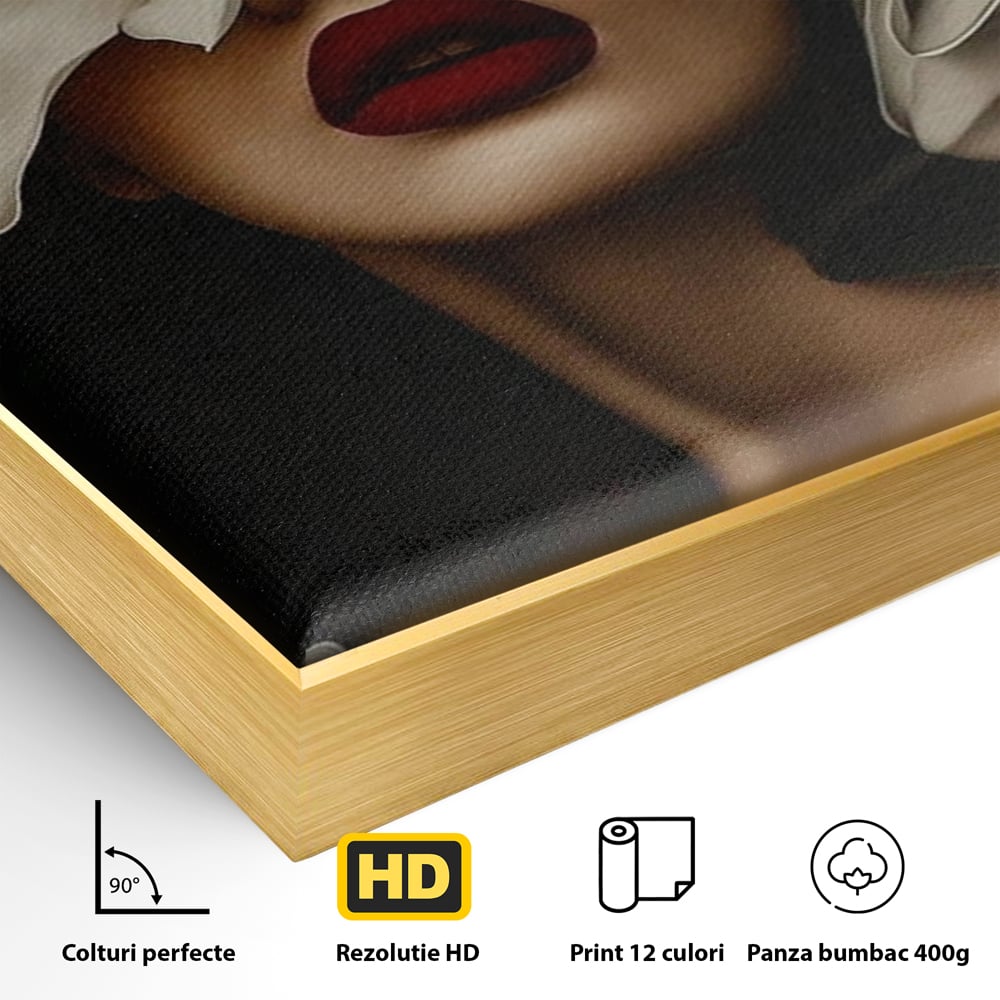 Tablou Canvas Premium, LuxCanva® P1039, Femeia-Orhidee, Inflorire, Petale, Ivoir, Negru, Buze, Rosu, Frumusete, Fashion, Eleganta, Exotism, Luxurios, Enigmatic, Vis, Living, Dormitor