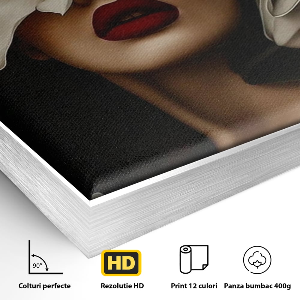 Tablou Canvas Premium, LuxCanva® P1039, Femeia-Orhidee, Inflorire, Petale, Ivoir, Negru, Buze, Rosu, Frumusete, Fashion, Eleganta, Exotism, Luxurios, Enigmatic, Vis, Living, Dormitor