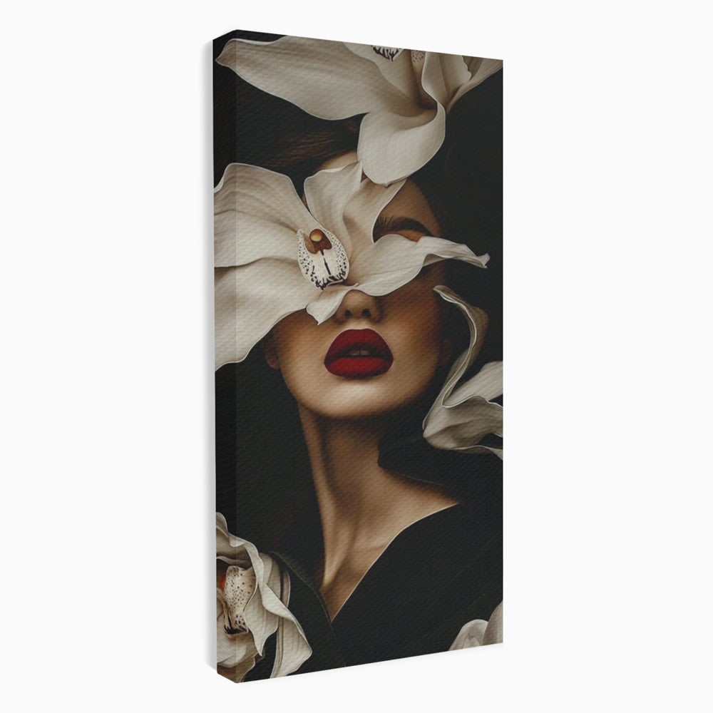 Tablou Canvas Premium, LuxCanva® P1039, Femeia-Orhidee, Inflorire, Petale, Ivoir, Negru, Buze, Rosu, Frumusete, Fashion, Eleganta, Exotism, Luxurios, Enigmatic, Vis, Living, Dormitor