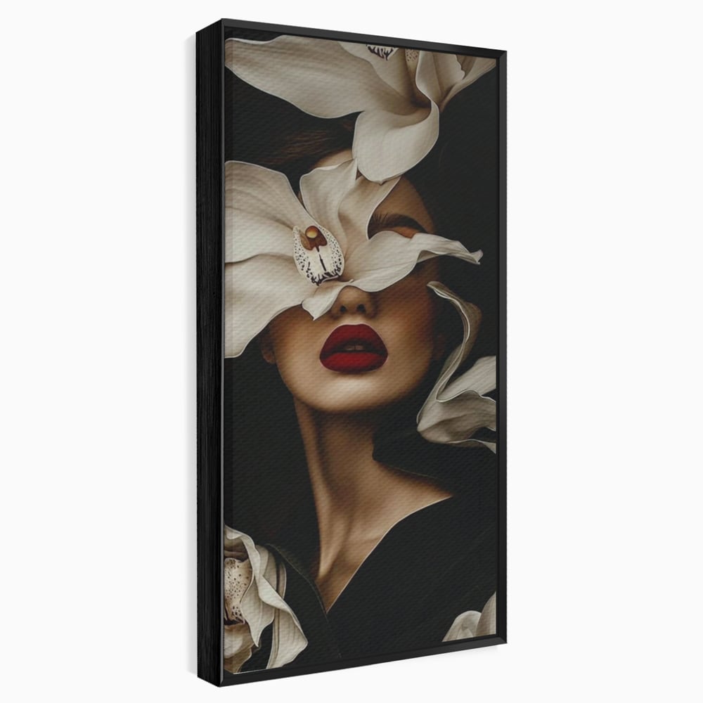 Tablou Canvas Premium, LuxCanva® P1039, Femeia-Orhidee, Inflorire, Petale, Ivoir, Negru, Buze, Rosu, Frumusete, Fashion, Eleganta, Exotism, Luxurios, Enigmatic, Vis, Living, Dormitor
