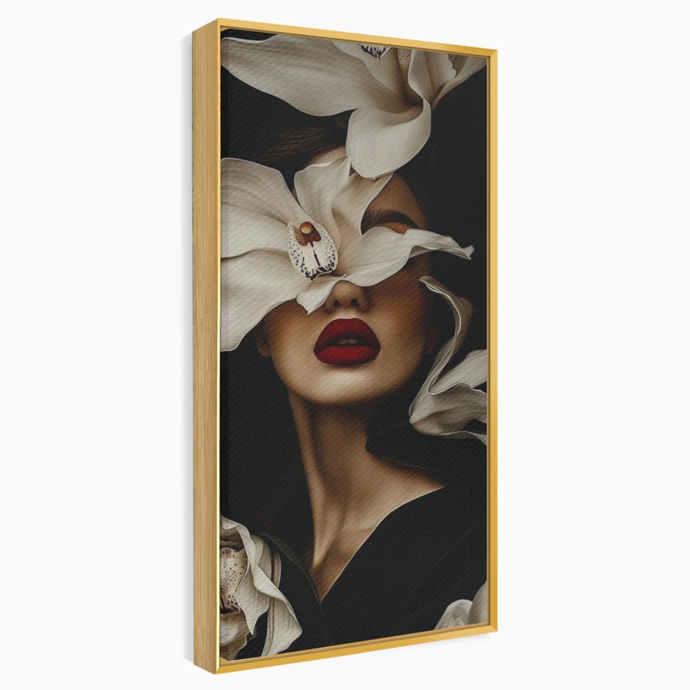 Tablou Canvas Premium, LuxCanva® P1039, Femeia-Orhidee, Inflorire, Petale, Ivoir, Negru, Buze, Rosu, Frumusete, Fashion, Eleganta, Exotism, Luxurios, Enigmatic, Vis, Living, Dormitor