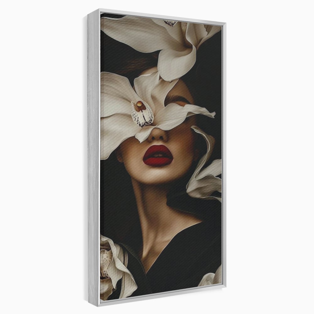 Tablou Canvas Premium, LuxCanva® P1039, Femeia-Orhidee, Inflorire, Petale, Ivoir, Negru, Buze, Rosu, Frumusete, Fashion, Eleganta, Exotism, Luxurios, Enigmatic, Vis, Living, Dormitor