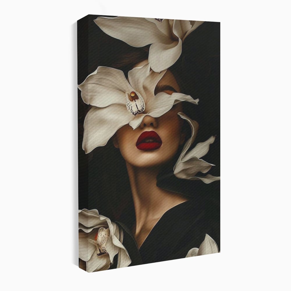 Tablou Canvas Premium, LuxCanva® P1039, Femeia-Orhidee, Inflorire, Petale, Ivoir, Negru, Buze, Rosu, Frumusete, Fashion, Eleganta, Exotism, Luxurios, Enigmatic, Vis, Living, Dormitor