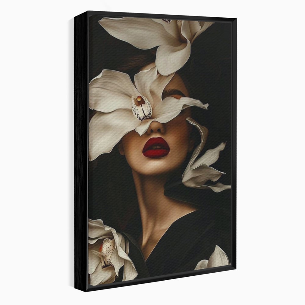Tablou Canvas Premium, LuxCanva® P1039, Femeia-Orhidee, Inflorire, Petale, Ivoir, Negru, Buze, Rosu, Frumusete, Fashion, Eleganta, Exotism, Luxurios, Enigmatic, Vis, Living, Dormitor