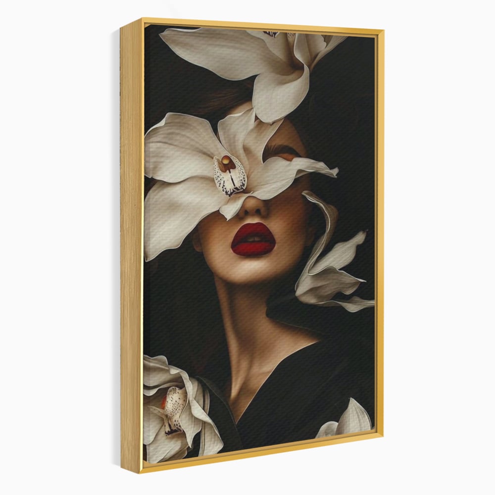 Tablou Canvas Premium, LuxCanva® P1039, Femeia-Orhidee, Inflorire, Petale, Ivoir, Negru, Buze, Rosu, Frumusete, Fashion, Eleganta, Exotism, Luxurios, Enigmatic, Vis, Living, Dormitor