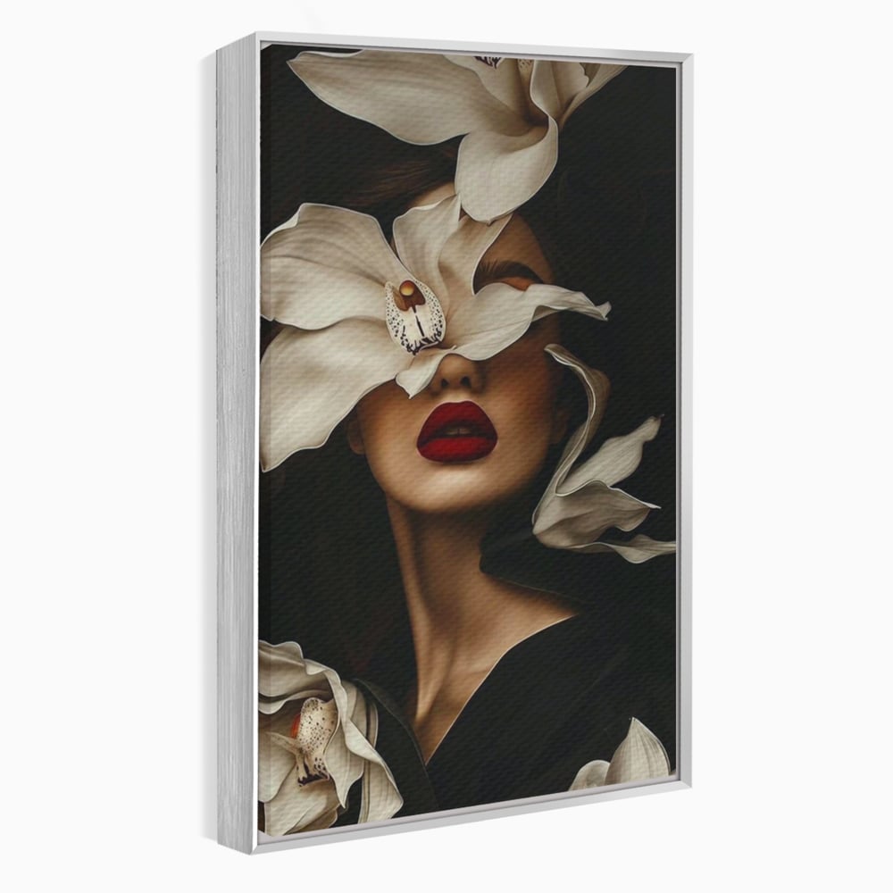 Tablou Canvas Premium, LuxCanva® P1039, Femeia-Orhidee, Inflorire, Petale, Ivoir, Negru, Buze, Rosu, Frumusete, Fashion, Eleganta, Exotism, Luxurios, Enigmatic, Vis, Living, Dormitor