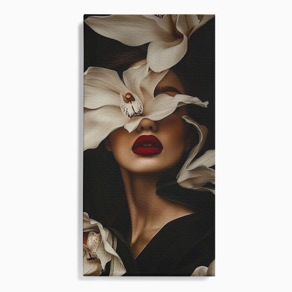 Tablou Canvas Premium, LuxCanva® P1039, Femeia-Orhidee, Inflorire, Petale, Ivoir, Negru, Buze, Rosu, Frumusete, Fashion, Eleganta, Exotism, Luxurios, Enigmatic, Vis, Living, Dormitor