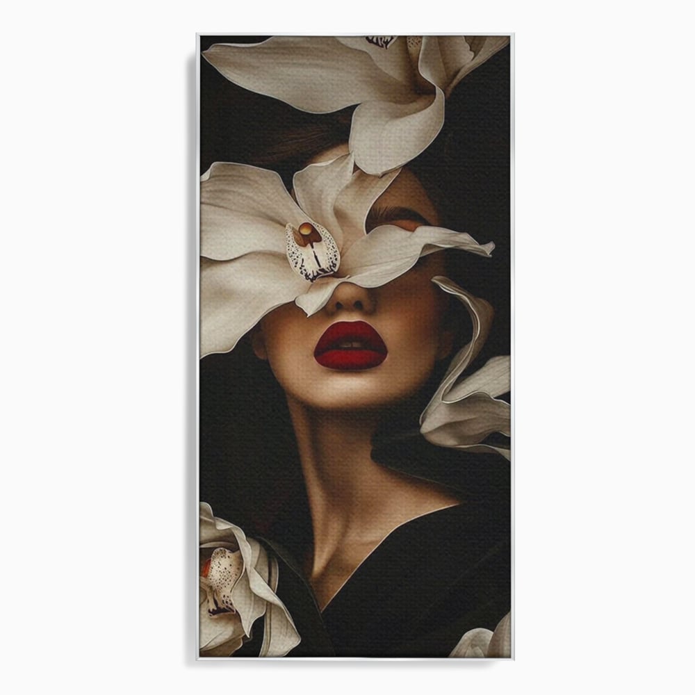 Tablou Canvas Premium, LuxCanva® P1039, Femeia-Orhidee, Inflorire, Petale, Ivoir, Negru, Buze, Rosu, Frumusete, Fashion, Eleganta, Exotism, Luxurios, Enigmatic, Vis, Living, Dormitor
