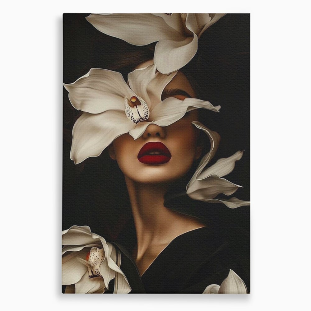 Tablou Canvas Premium, LuxCanva® P1039, Femeia-Orhidee, Inflorire, Petale, Ivoir, Negru, Buze, Rosu, Frumusete, Fashion, Eleganta, Exotism, Luxurios, Enigmatic, Vis, Living, Dormitor