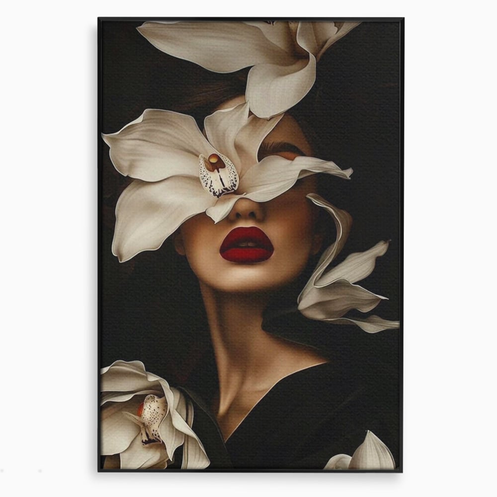Tablou Canvas Premium, LuxCanva® P1039, Femeia-Orhidee, Inflorire, Petale, Ivoir, Negru, Buze, Rosu, Frumusete, Fashion, Eleganta, Exotism, Luxurios, Enigmatic, Vis, Living, Dormitor