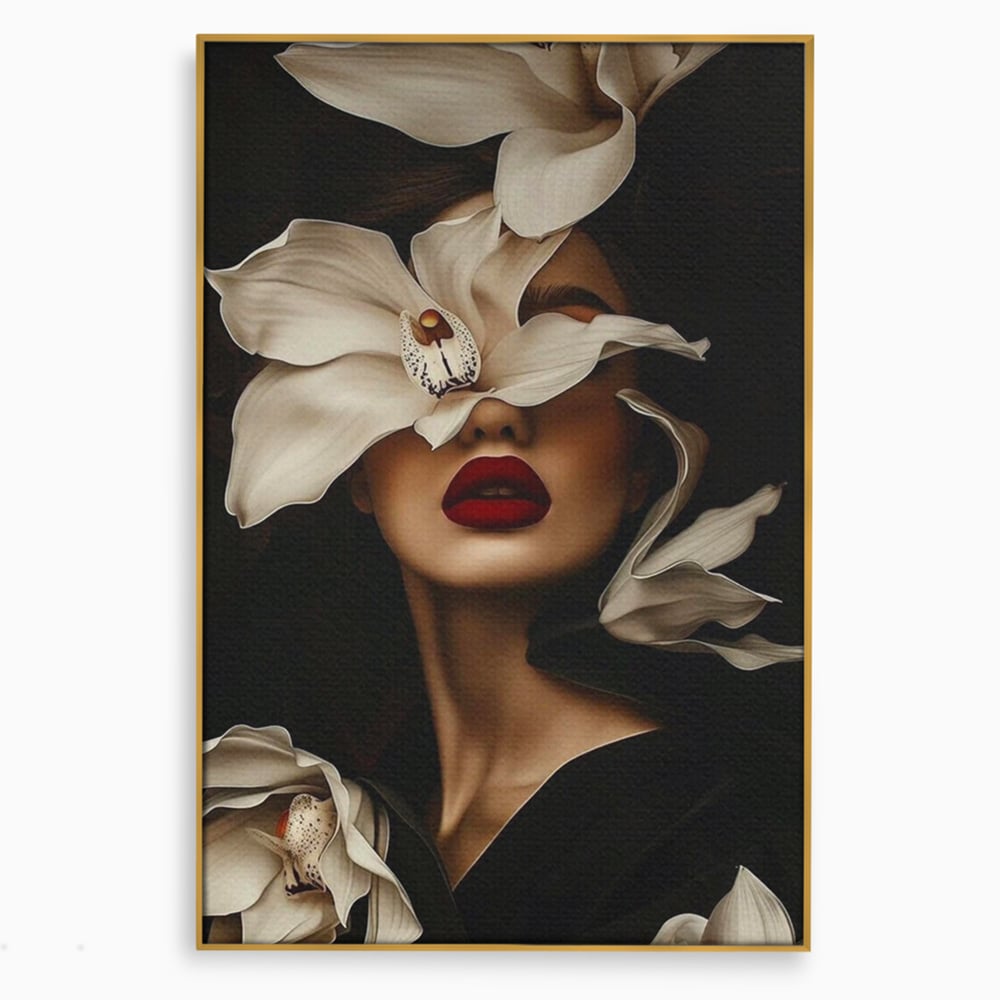 Tablou Canvas Premium, LuxCanva® P1039, Femeia-Orhidee, Inflorire, Petale, Ivoir, Negru, Buze, Rosu, Frumusete, Fashion, Eleganta, Exotism, Luxurios, Enigmatic, Vis, Living, Dormitor