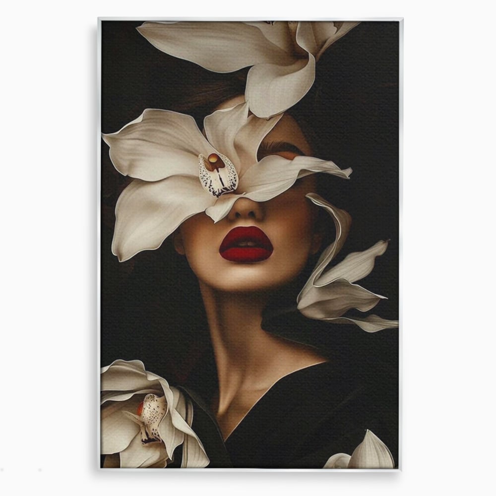 Tablou Canvas Premium, LuxCanva® P1039, Femeia-Orhidee, Inflorire, Petale, Ivoir, Negru, Buze, Rosu, Frumusete, Fashion, Eleganta, Exotism, Luxurios, Enigmatic, Vis, Living, Dormitor