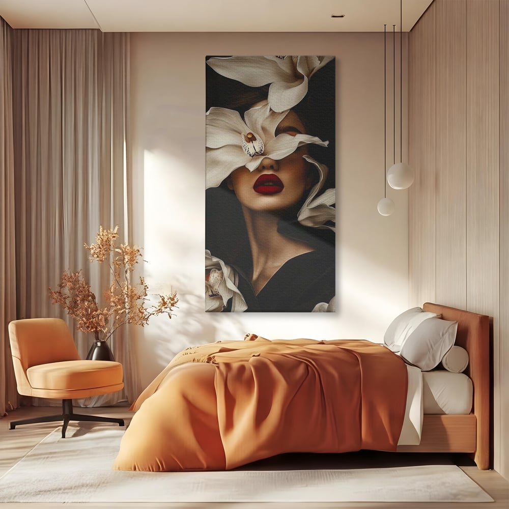 Tablou Canvas Premium, LuxCanva® P1039, Femeia-Orhidee, Inflorire, Petale, Ivoir, Negru, Buze, Rosu, Frumusete, Fashion, Eleganta, Exotism, Luxurios, Enigmatic, Vis, Living, Dormitor