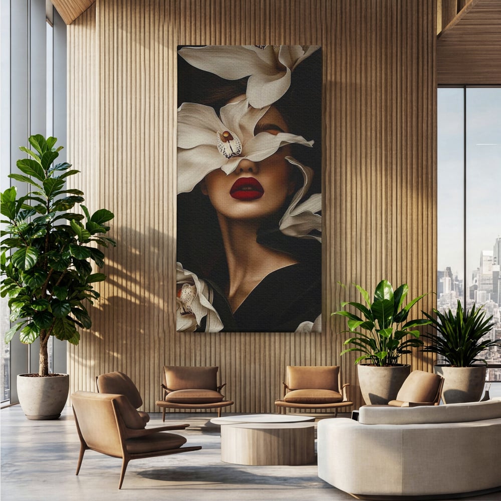 Tablou Canvas Premium, LuxCanva® P1039, Femeia-Orhidee, Inflorire, Petale, Ivoir, Negru, Buze, Rosu, Frumusete, Fashion, Eleganta, Exotism, Luxurios, Enigmatic, Vis, Living, Dormitor