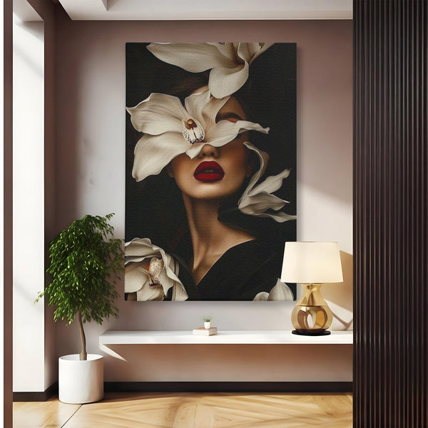 Tablou Canvas Premium, LuxCanva® P1039, Femeia-Orhidee, Inflorire, Petale, Ivoir, Negru, Buze, Rosu, Frumusete, Fashion, Eleganta, Exotism, Luxurios, Enigmatic, Vis, Living, Dormitor