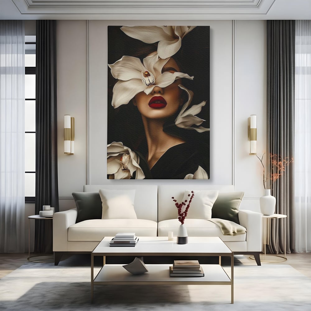 Tablou Canvas Premium, LuxCanva® P1039, Femeia-Orhidee, Inflorire, Petale, Ivoir, Negru, Buze, Rosu, Frumusete, Fashion, Eleganta, Exotism, Luxurios, Enigmatic, Vis, Living, Dormitor