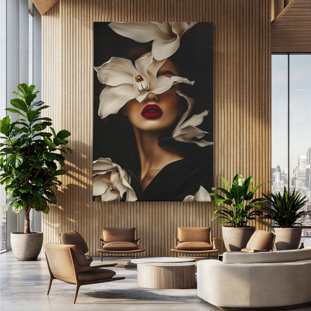 Tablou Canvas Premium, LuxCanva® P1039, Femeia-Orhidee, Inflorire, Petale, Ivoir, Negru, Buze, Rosu, Frumusete, Fashion, Eleganta, Exotism, Luxurios, Enigmatic, Vis, Living, Dormitor