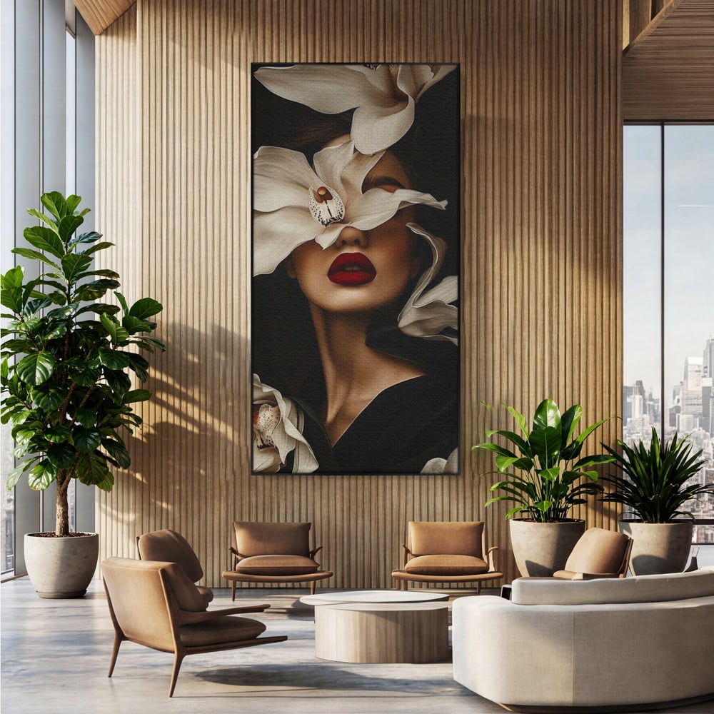 Tablou Canvas Premium, LuxCanva® P1039, Femeia-Orhidee, Inflorire, Petale, Ivoir, Negru, Buze, Rosu, Frumusete, Fashion, Eleganta, Exotism, Luxurios, Enigmatic, Vis, Living, Dormitor