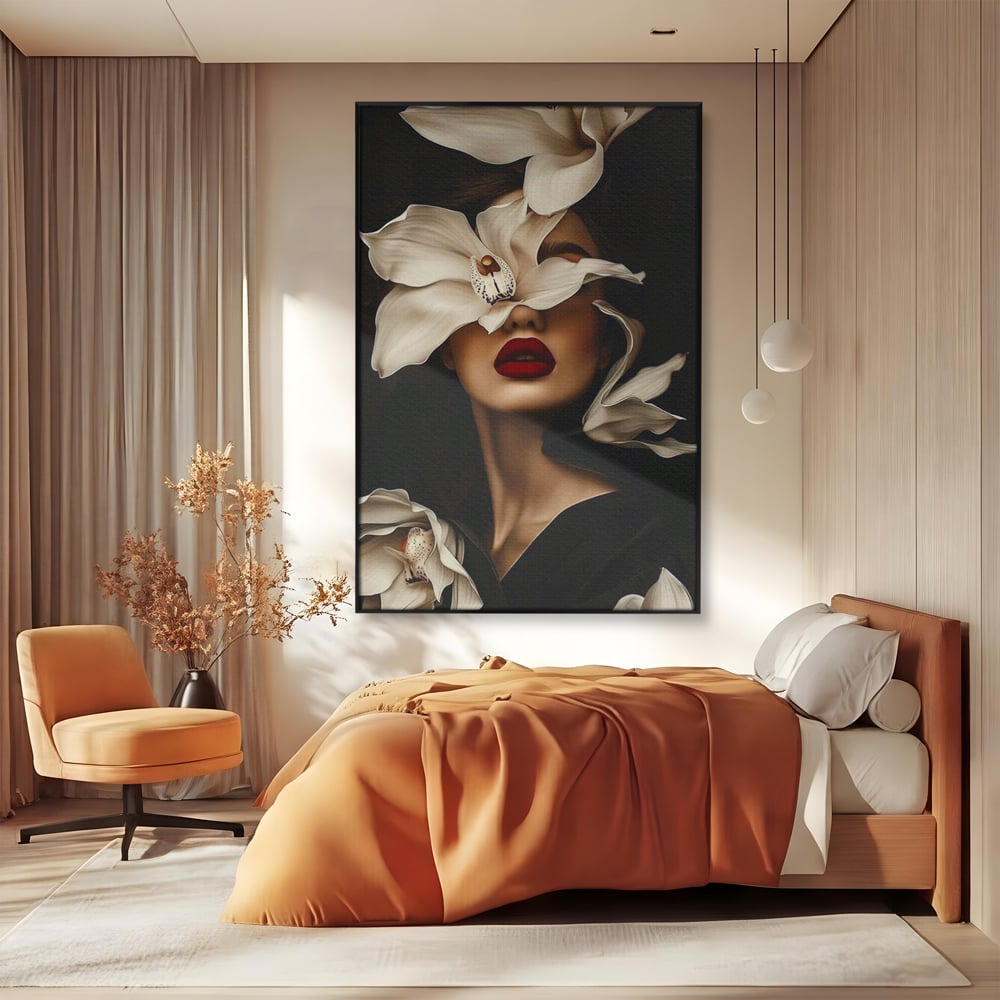 Tablou Canvas Premium, LuxCanva® P1039, Femeia-Orhidee, Inflorire, Petale, Ivoir, Negru, Buze, Rosu, Frumusete, Fashion, Eleganta, Exotism, Luxurios, Enigmatic, Vis, Living, Dormitor