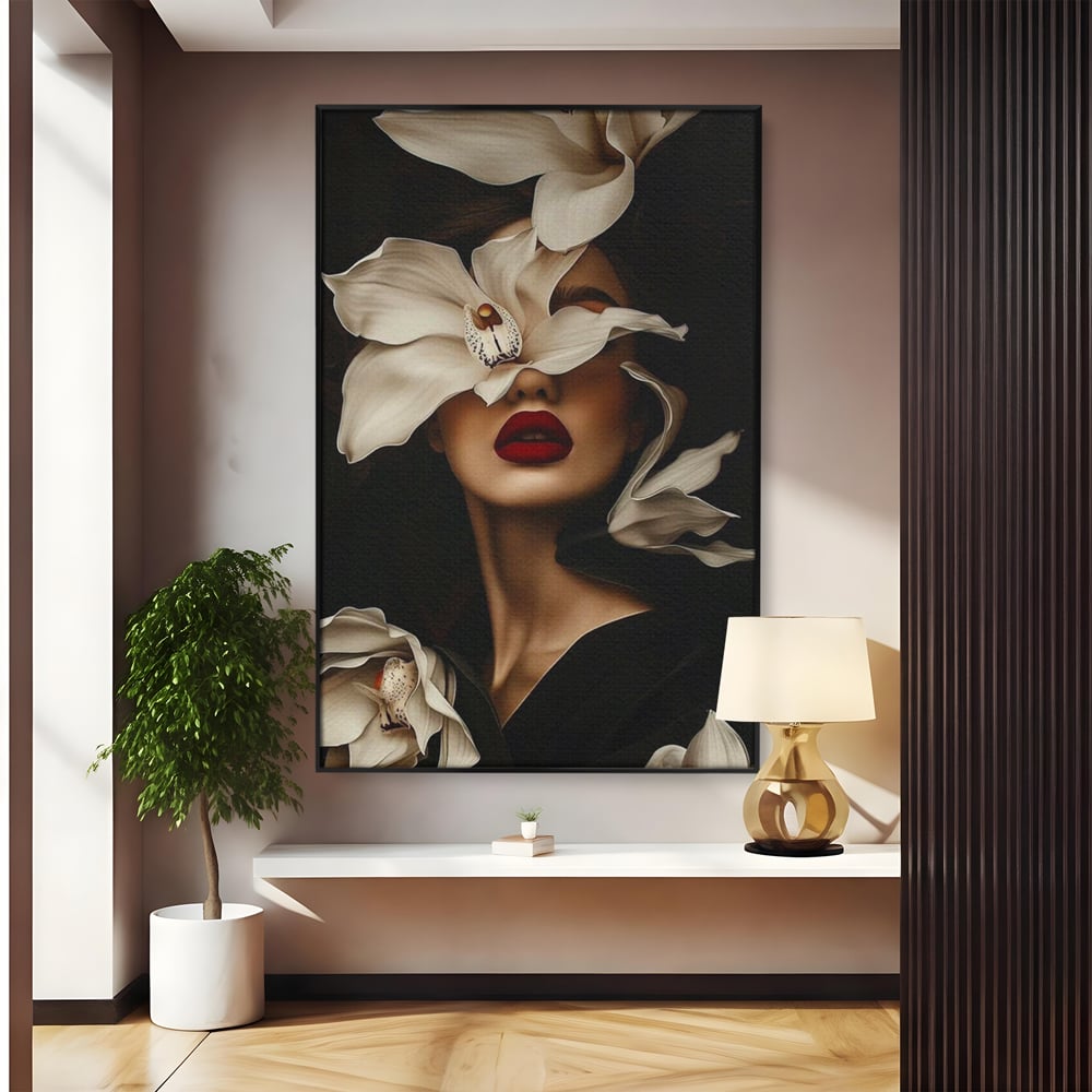 Tablou Canvas Premium, LuxCanva® P1039, Femeia-Orhidee, Inflorire, Petale, Ivoir, Negru, Buze, Rosu, Frumusete, Fashion, Eleganta, Exotism, Luxurios, Enigmatic, Vis, Living, Dormitor