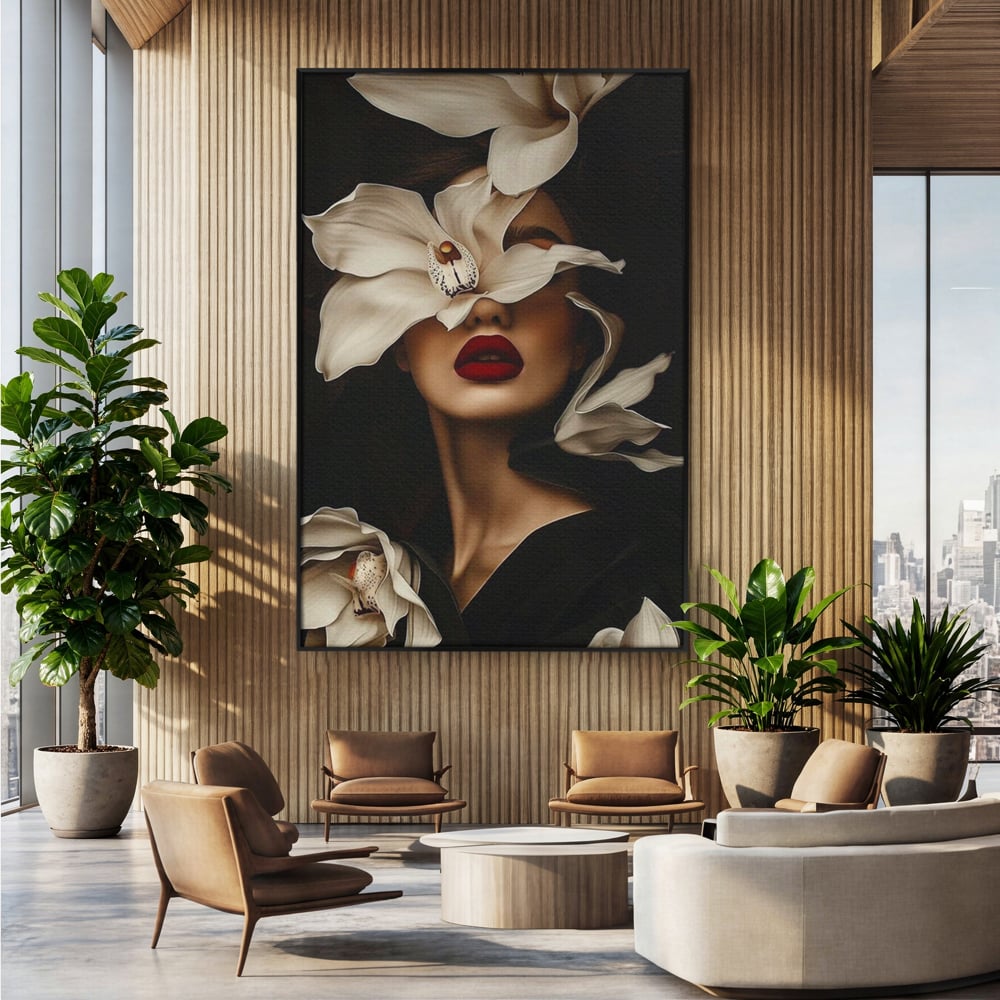 Tablou Canvas Premium, LuxCanva® P1039, Femeia-Orhidee, Inflorire, Petale, Ivoir, Negru, Buze, Rosu, Frumusete, Fashion, Eleganta, Exotism, Luxurios, Enigmatic, Vis, Living, Dormitor