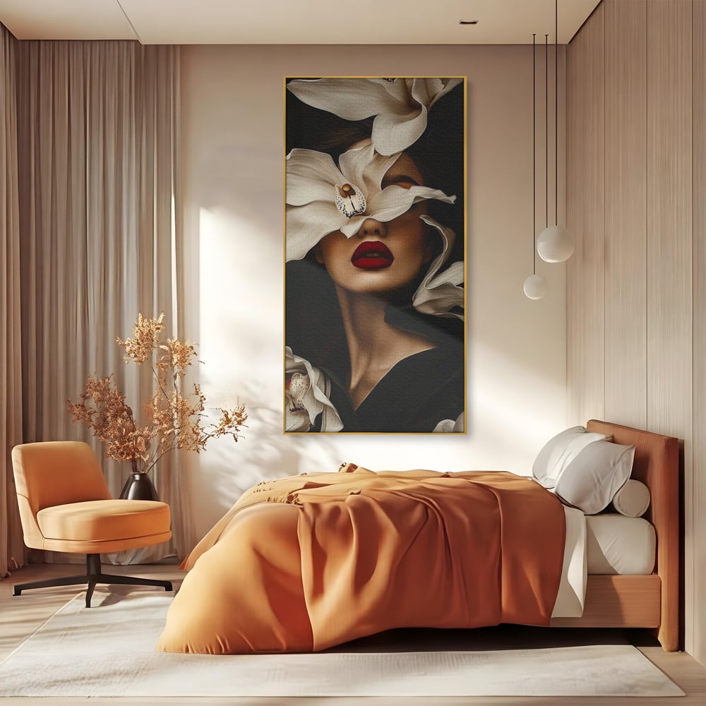 Tablou Canvas Premium, LuxCanva® P1039, Femeia-Orhidee, Inflorire, Petale, Ivoir, Negru, Buze, Rosu, Frumusete, Fashion, Eleganta, Exotism, Luxurios, Enigmatic, Vis, Living, Dormitor