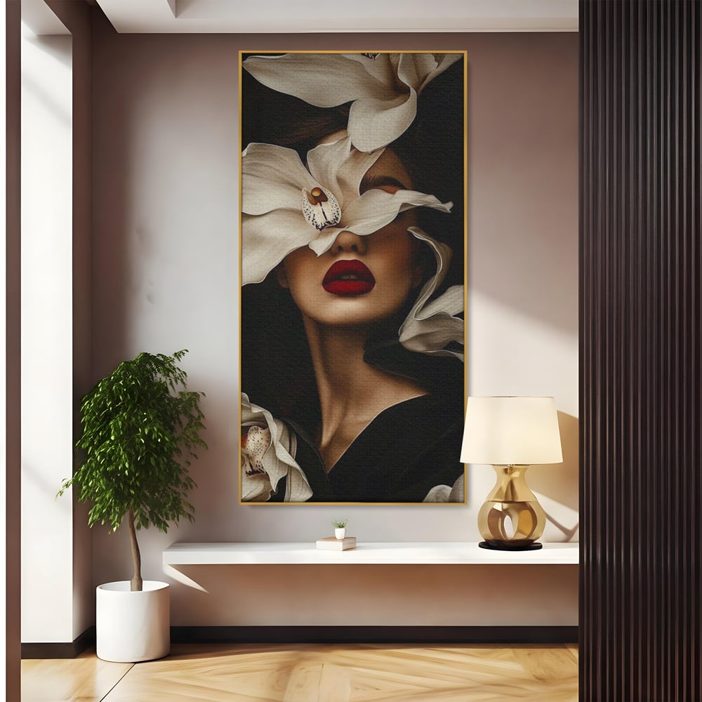 Tablou Canvas Premium, LuxCanva® P1039, Femeia-Orhidee, Inflorire, Petale, Ivoir, Negru, Buze, Rosu, Frumusete, Fashion, Eleganta, Exotism, Luxurios, Enigmatic, Vis, Living, Dormitor