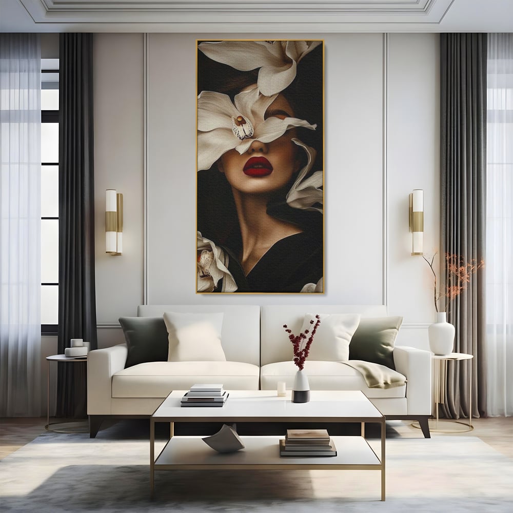 Tablou Canvas Premium, LuxCanva® P1039, Femeia-Orhidee, Inflorire, Petale, Ivoir, Negru, Buze, Rosu, Frumusete, Fashion, Eleganta, Exotism, Luxurios, Enigmatic, Vis, Living, Dormitor