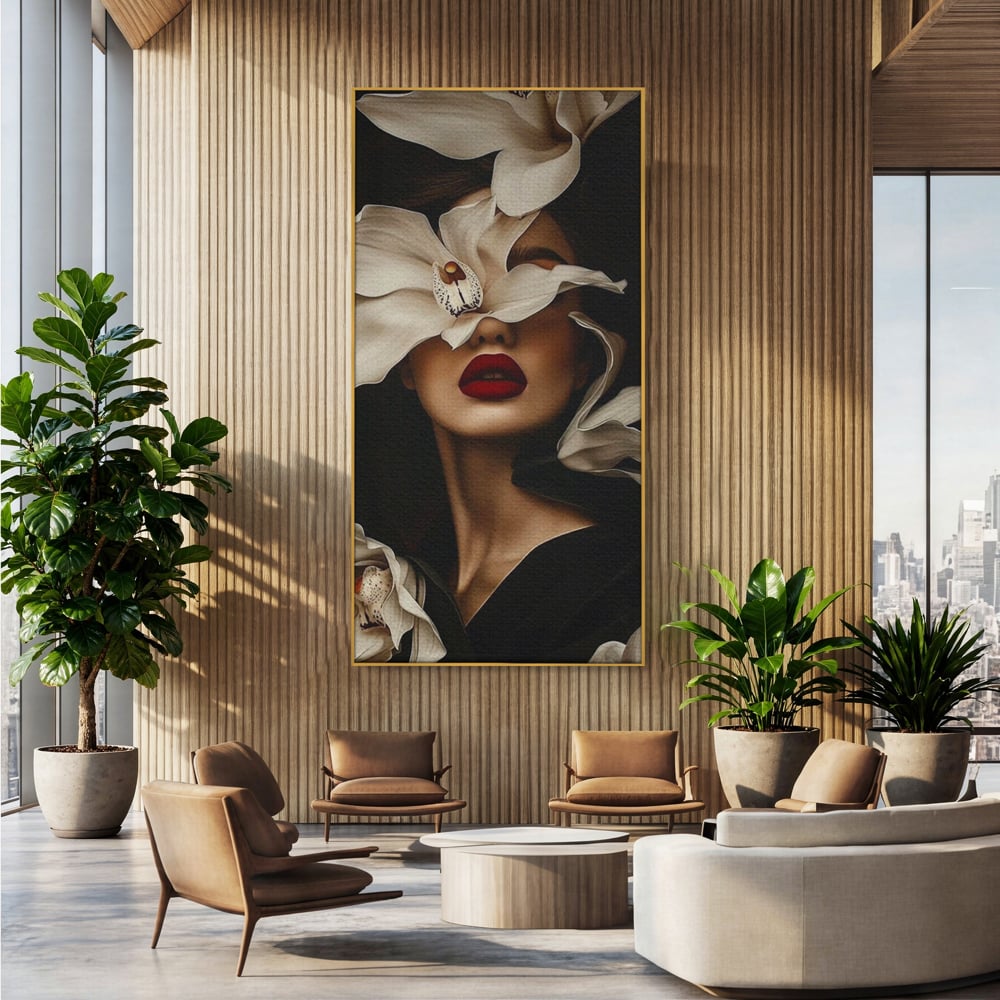 Tablou Canvas Premium, LuxCanva® P1039, Femeia-Orhidee, Inflorire, Petale, Ivoir, Negru, Buze, Rosu, Frumusete, Fashion, Eleganta, Exotism, Luxurios, Enigmatic, Vis, Living, Dormitor