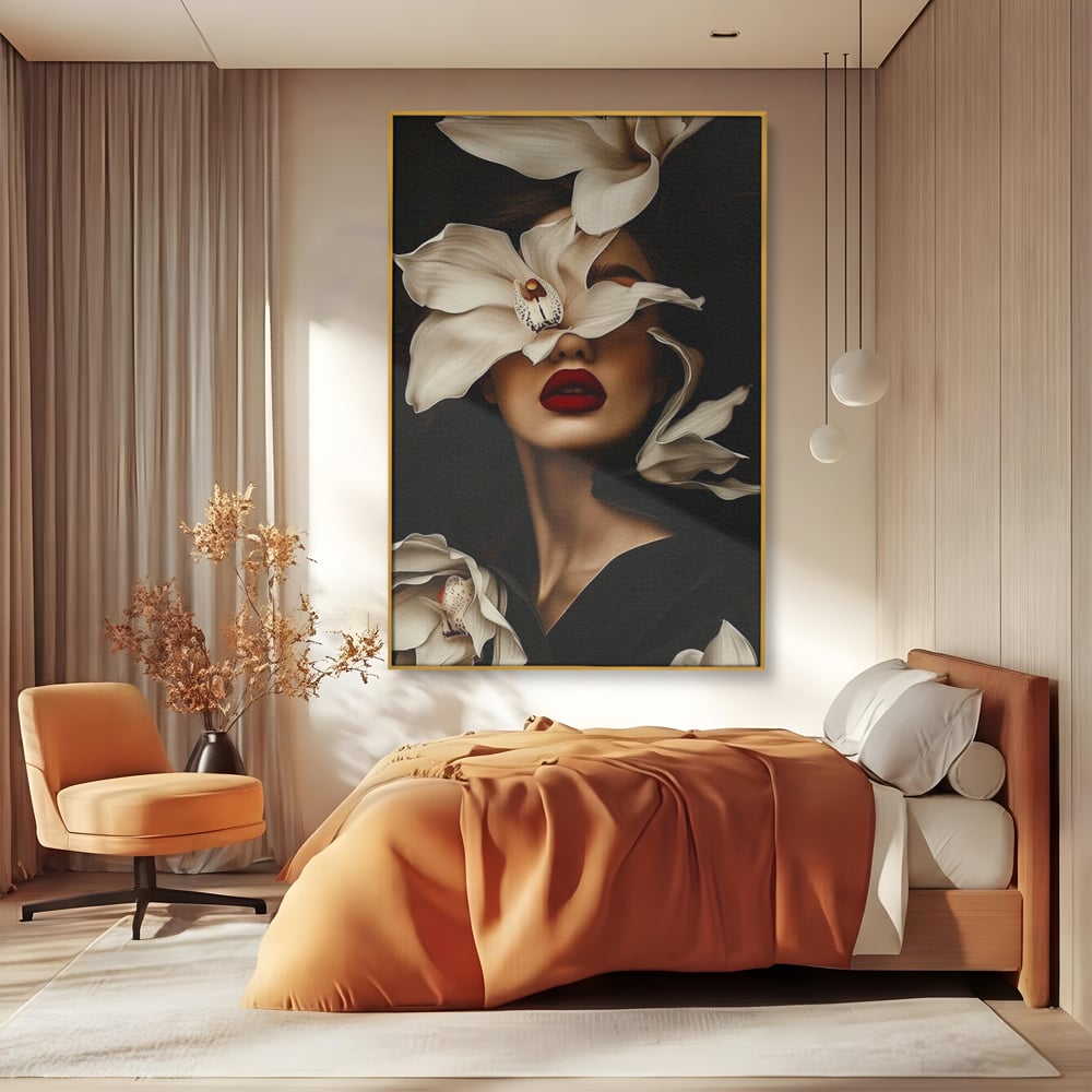 Tablou Canvas Premium, LuxCanva® P1039, Femeia-Orhidee, Inflorire, Petale, Ivoir, Negru, Buze, Rosu, Frumusete, Fashion, Eleganta, Exotism, Luxurios, Enigmatic, Vis, Living, Dormitor