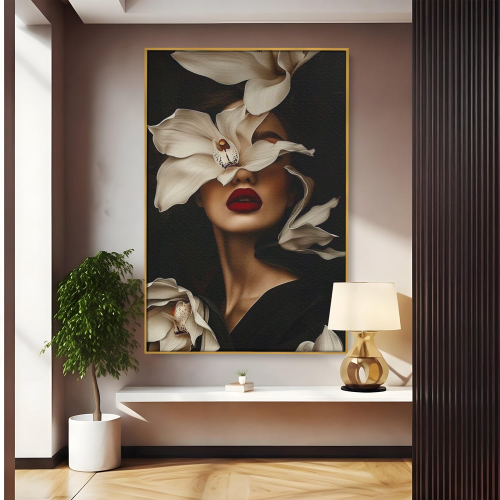 Tablou Canvas Premium, LuxCanva® P1039, Femeia-Orhidee, Inflorire, Petale, Ivoir, Negru, Buze, Rosu, Frumusete, Fashion, Eleganta, Exotism, Luxurios, Enigmatic, Vis, Living, Dormitor