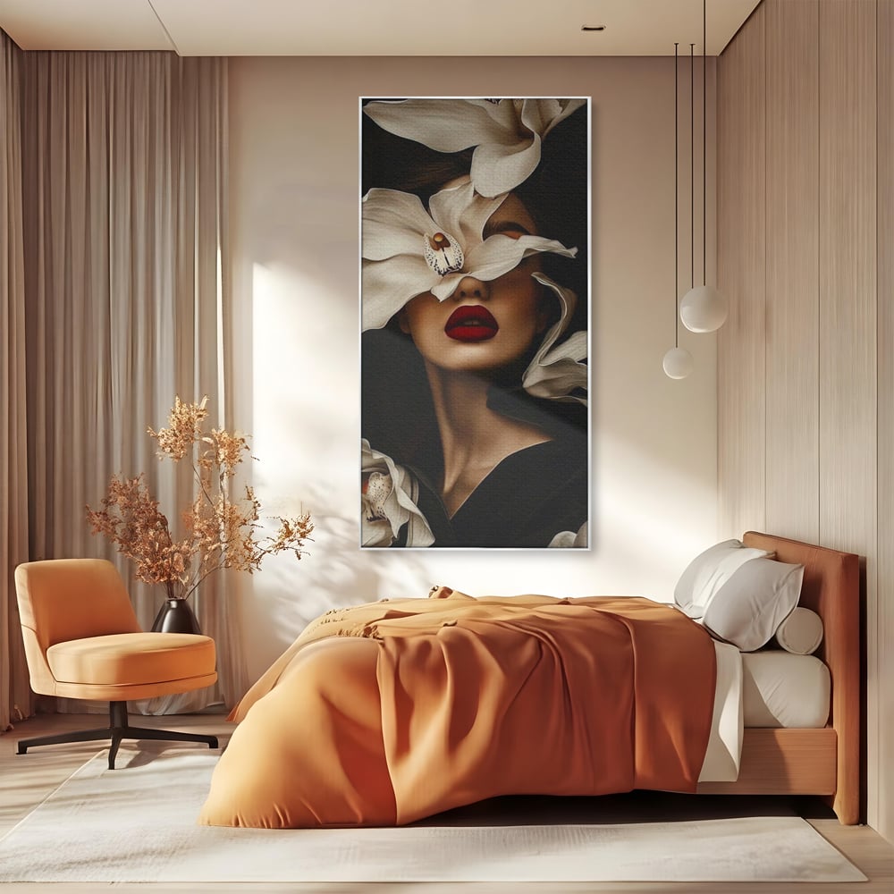 Tablou Canvas Premium, LuxCanva® P1039, Femeia-Orhidee, Inflorire, Petale, Ivoir, Negru, Buze, Rosu, Frumusete, Fashion, Eleganta, Exotism, Luxurios, Enigmatic, Vis, Living, Dormitor