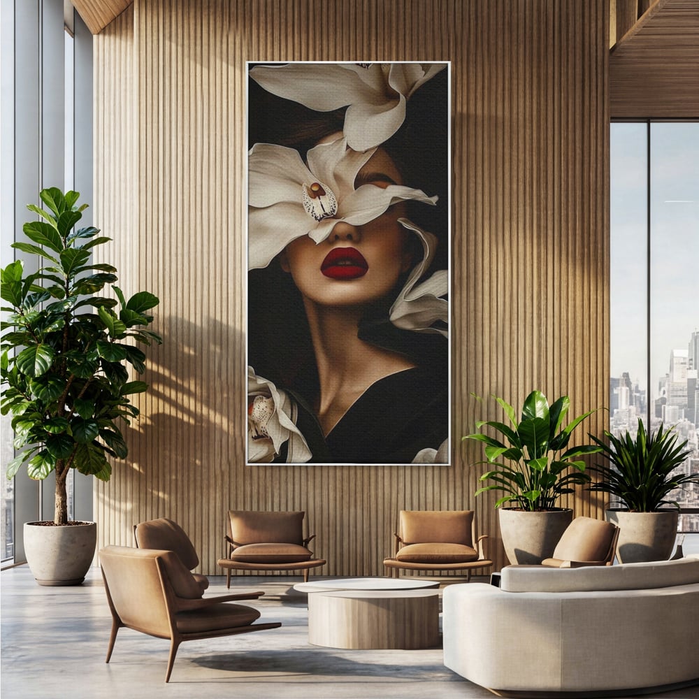 Tablou Canvas Premium, LuxCanva® P1039, Femeia-Orhidee, Inflorire, Petale, Ivoir, Negru, Buze, Rosu, Frumusete, Fashion, Eleganta, Exotism, Luxurios, Enigmatic, Vis, Living, Dormitor