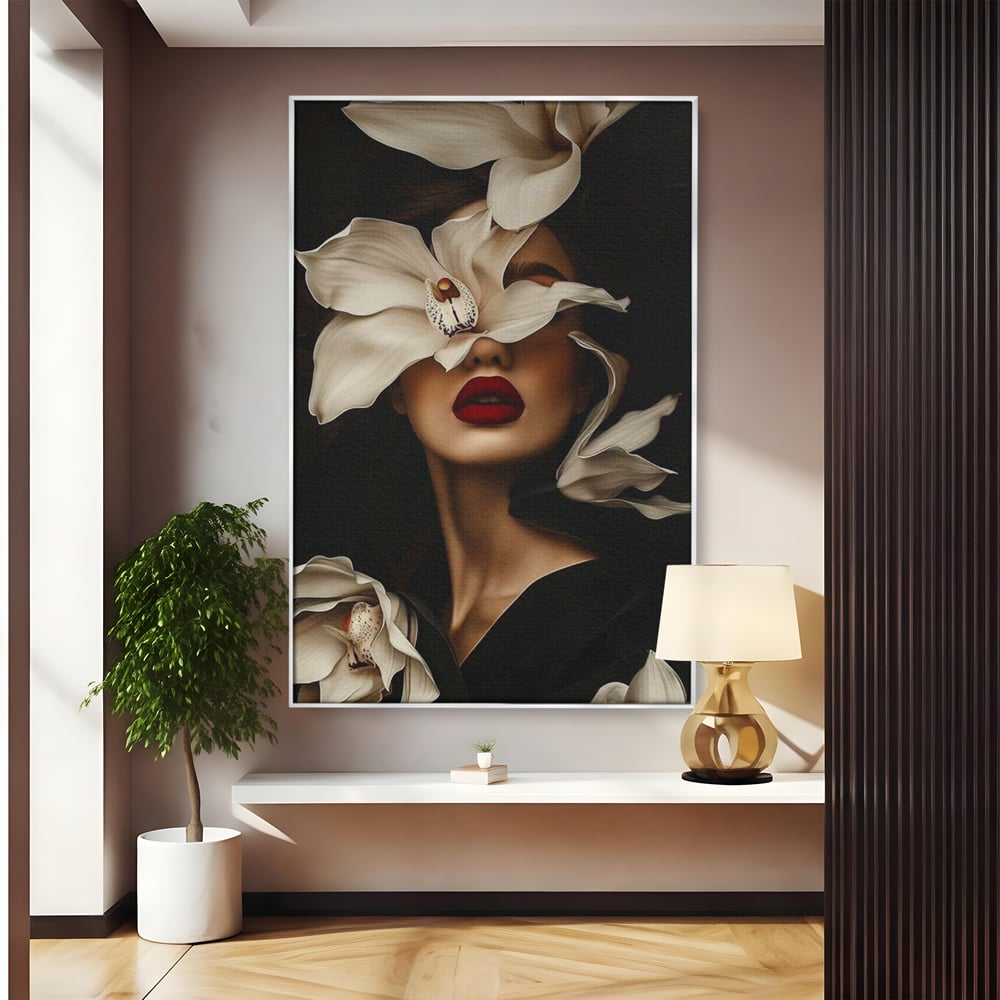 Tablou Canvas Premium, LuxCanva® P1039, Femeia-Orhidee, Inflorire, Petale, Ivoir, Negru, Buze, Rosu, Frumusete, Fashion, Eleganta, Exotism, Luxurios, Enigmatic, Vis, Living, Dormitor