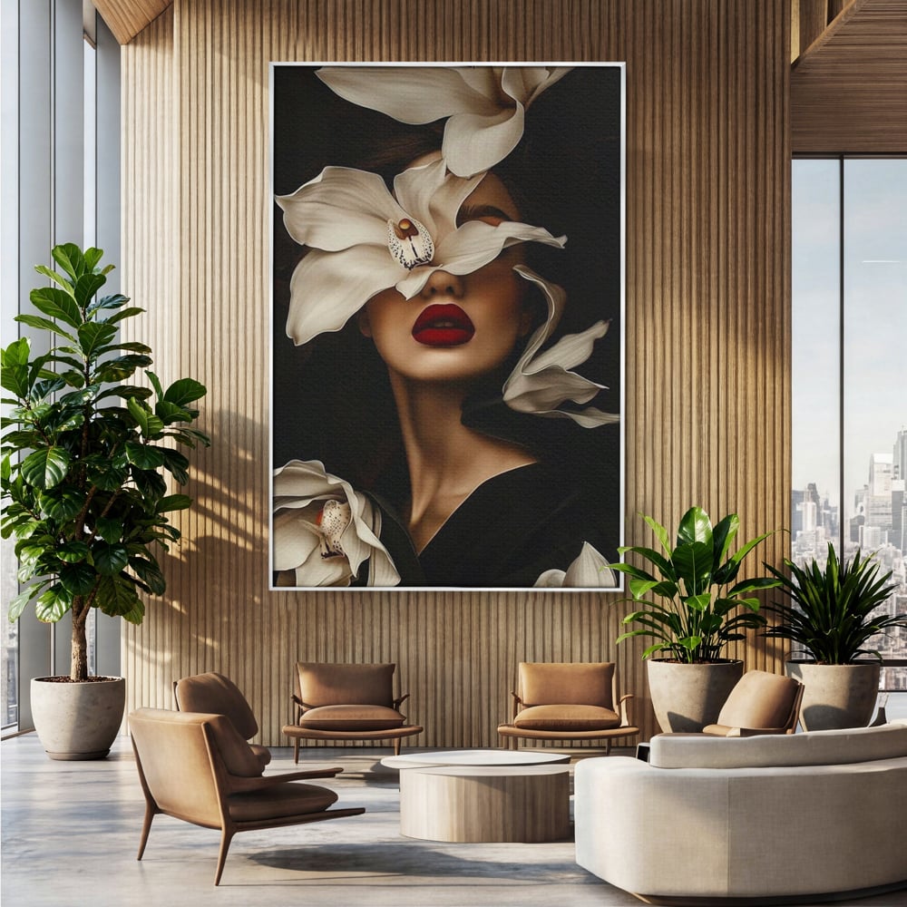 Tablou Canvas Premium, LuxCanva® P1039, Femeia-Orhidee, Inflorire, Petale, Ivoir, Negru, Buze, Rosu, Frumusete, Fashion, Eleganta, Exotism, Luxurios, Enigmatic, Vis, Living, Dormitor