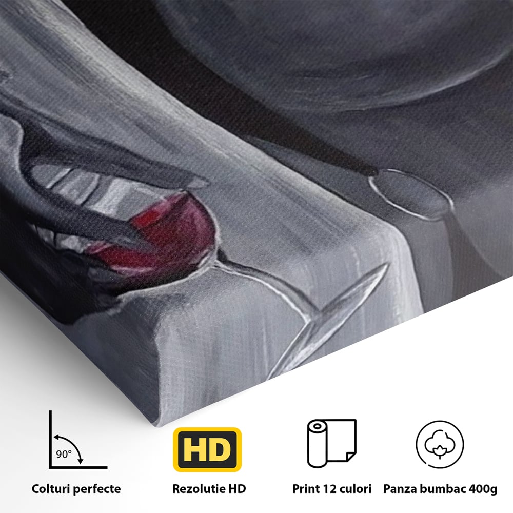 Tablou Canvas Premium, LuxCanva® P1040, Liniște cu Aroma de Vin, Pahar, Bautura, Vin, Rosu, Noapte, Umbra, Negru, Gri, Spate, Piele, Femeie, Dorinta, Pasiune, Sexy, Living, Dormitor