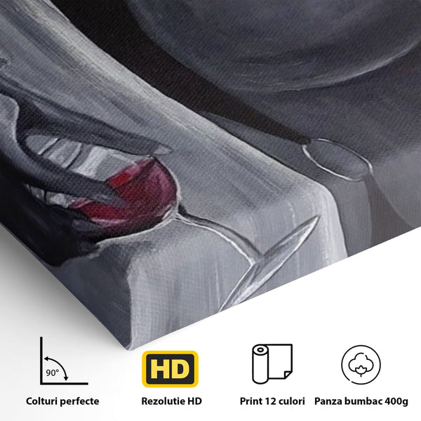 Tablou Canvas Premium, LuxCanva® P1040, Liniște cu Aroma de Vin, Pahar, Bautura, Vin, Rosu, Noapte, Umbra, Negru, Gri, Spate, Piele, Femeie, Dorinta, Pasiune, Sexy, Living, Dormitor
