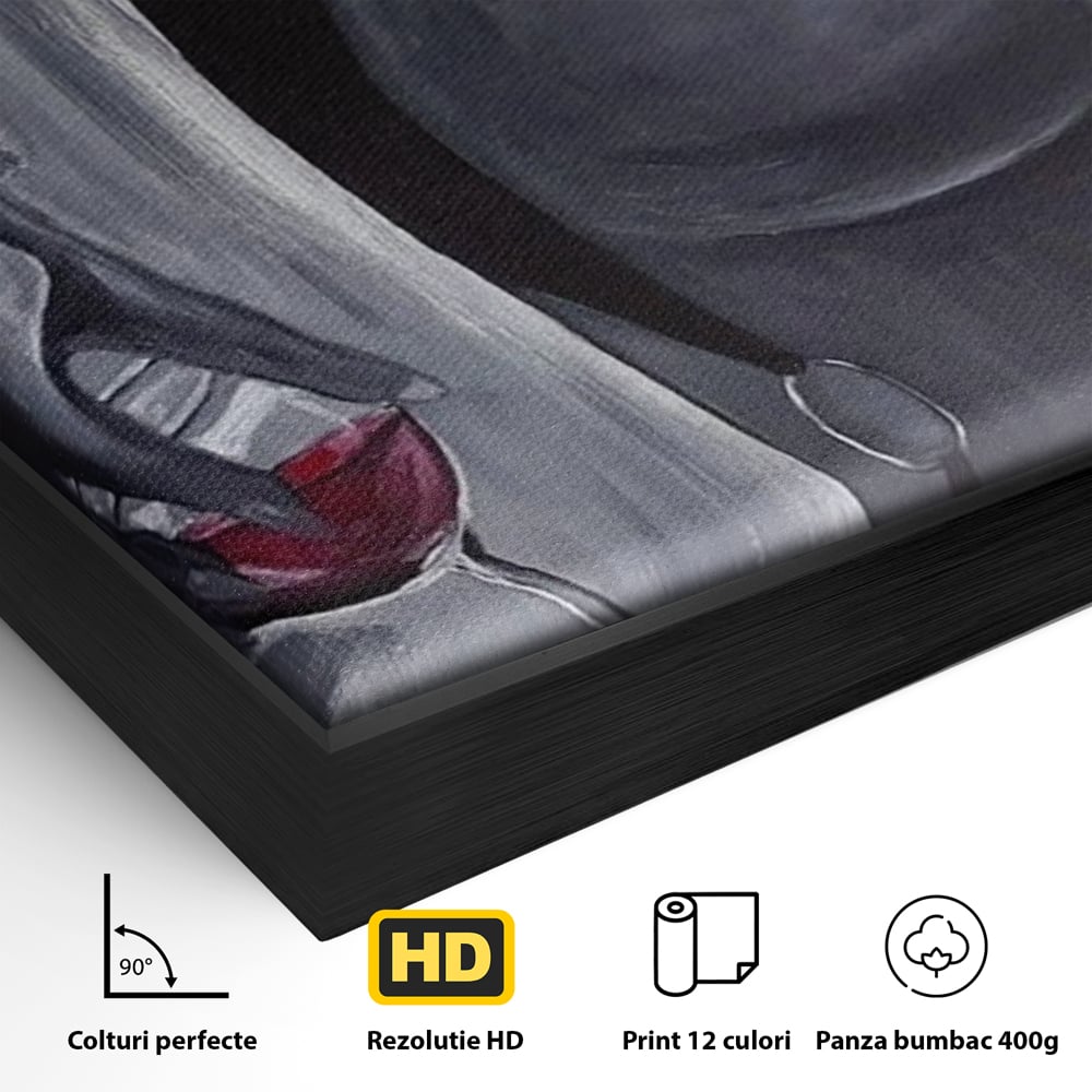 Tablou Canvas Premium, LuxCanva® P1040, Liniște cu Aroma de Vin, Pahar, Bautura, Vin, Rosu, Noapte, Umbra, Negru, Gri, Spate, Piele, Femeie, Dorinta, Pasiune, Sexy, Living, Dormitor