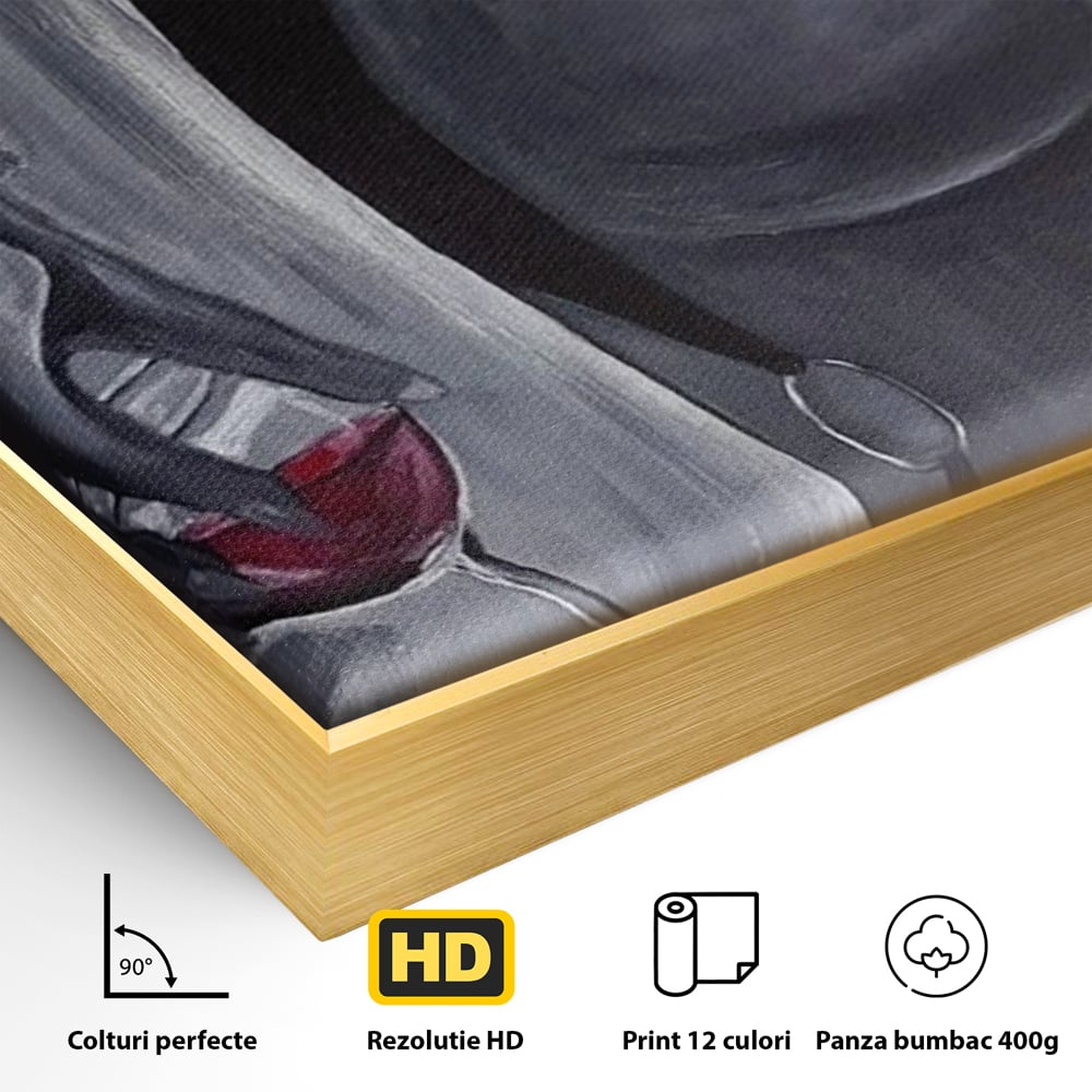Tablou Canvas Premium, LuxCanva® P1040, Liniște cu Aroma de Vin, Pahar, Bautura, Vin, Rosu, Noapte, Umbra, Negru, Gri, Spate, Piele, Femeie, Dorinta, Pasiune, Sexy, Living, Dormitor