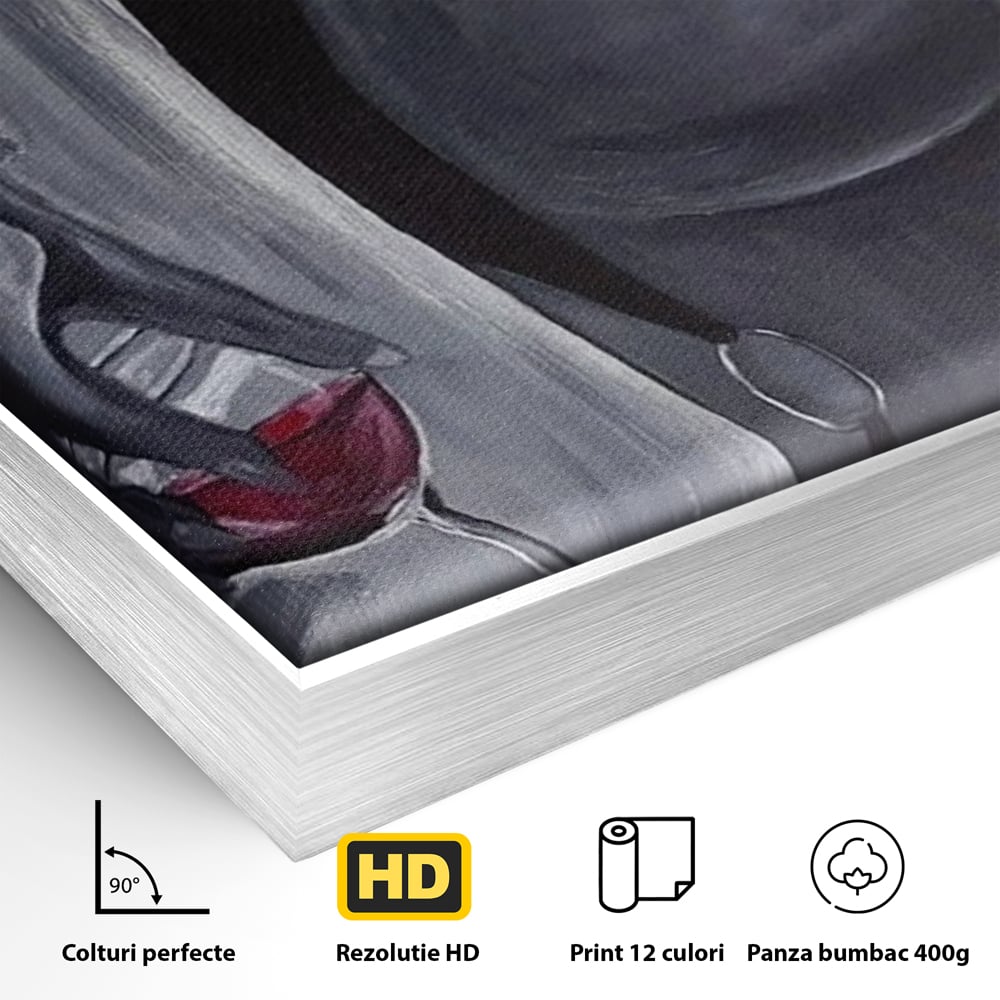 Tablou Canvas Premium, LuxCanva® P1040, Liniște cu Aroma de Vin, Pahar, Bautura, Vin, Rosu, Noapte, Umbra, Negru, Gri, Spate, Piele, Femeie, Dorinta, Pasiune, Sexy, Living, Dormitor