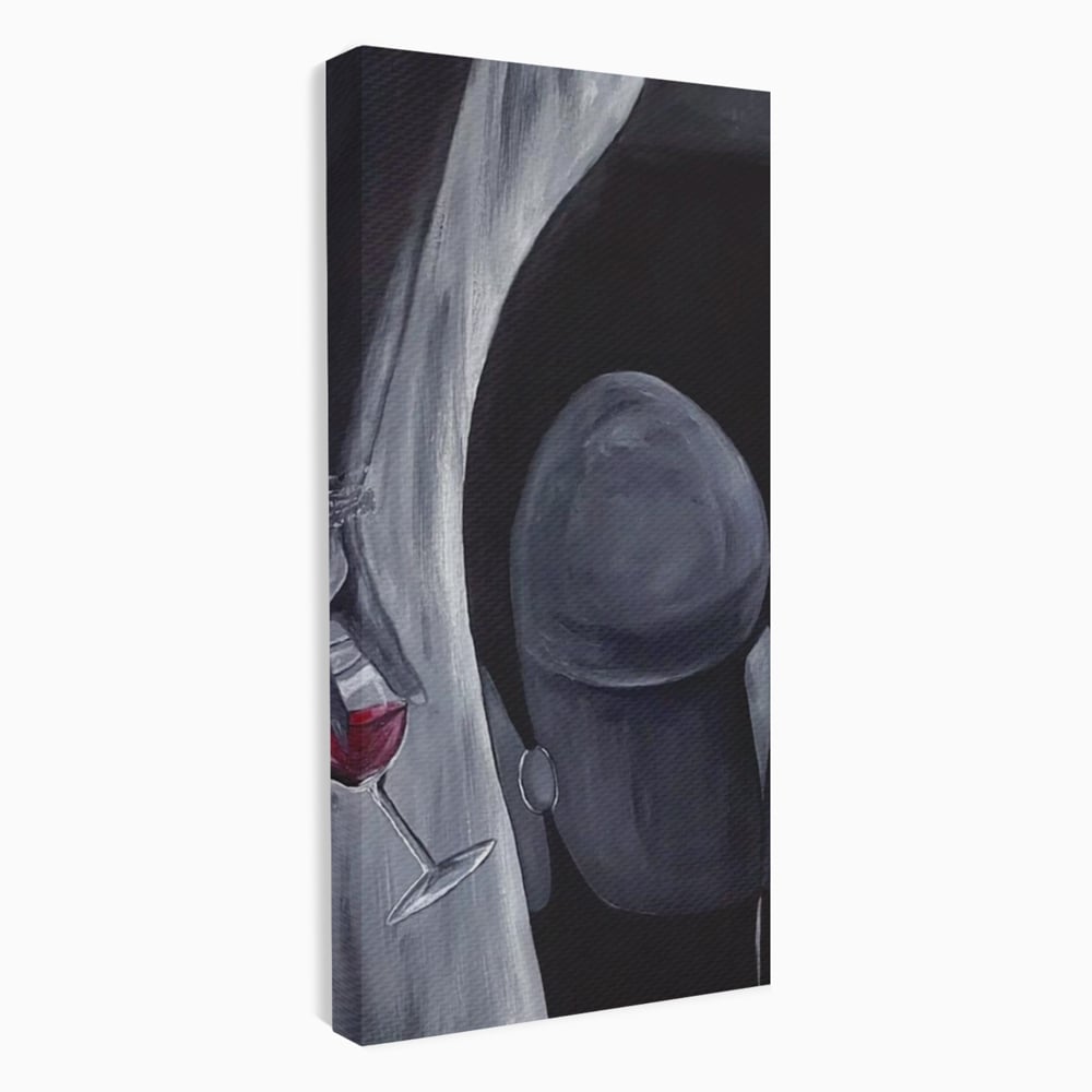 Tablou Canvas Premium, LuxCanva® P1040, Liniște cu Aroma de Vin, Pahar, Bautura, Vin, Rosu, Noapte, Umbra, Negru, Gri, Spate, Piele, Femeie, Dorinta, Pasiune, Sexy, Living, Dormitor