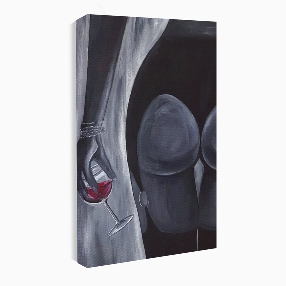 Tablou Canvas Premium, LuxCanva® P1040, Liniște cu Aroma de Vin, Pahar, Bautura, Vin, Rosu, Noapte, Umbra, Negru, Gri, Spate, Piele, Femeie, Dorinta, Pasiune, Sexy, Living, Dormitor
