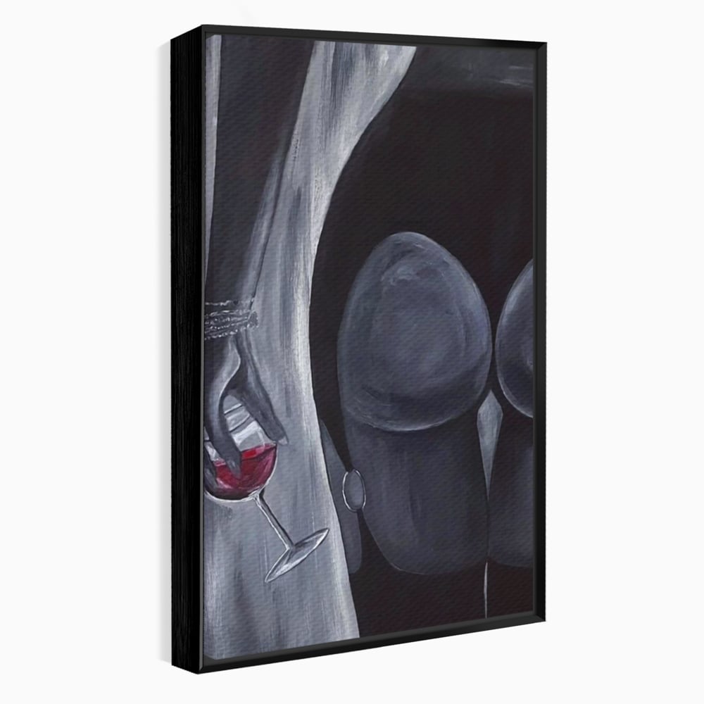 Tablou Canvas Premium, LuxCanva® P1040, Liniște cu Aroma de Vin, Pahar, Bautura, Vin, Rosu, Noapte, Umbra, Negru, Gri, Spate, Piele, Femeie, Dorinta, Pasiune, Sexy, Living, Dormitor