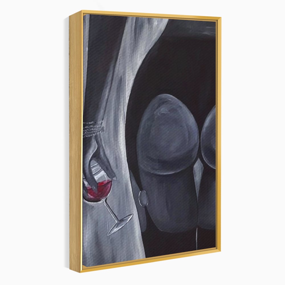 Tablou Canvas Premium, LuxCanva® P1040, Liniște cu Aroma de Vin, Pahar, Bautura, Vin, Rosu, Noapte, Umbra, Negru, Gri, Spate, Piele, Femeie, Dorinta, Pasiune, Sexy, Living, Dormitor