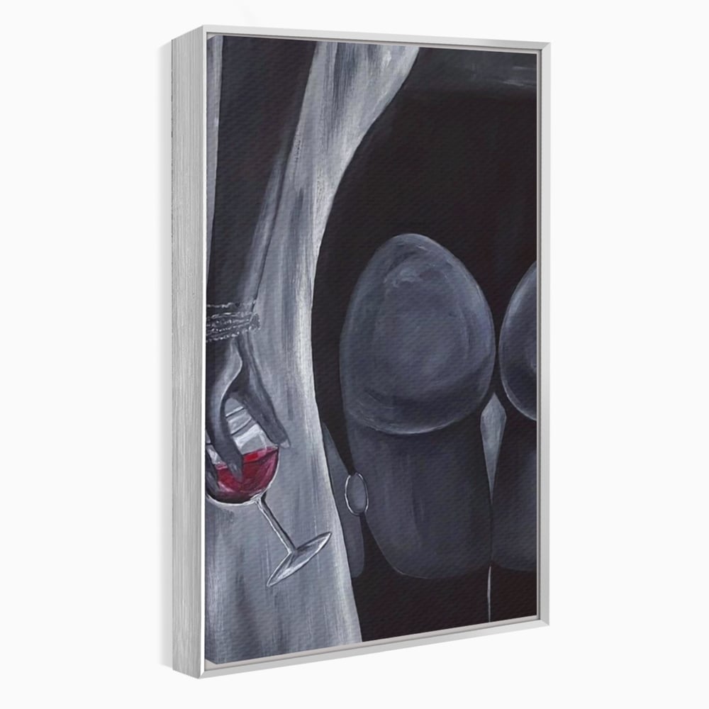 Tablou Canvas Premium, LuxCanva® P1040, Liniște cu Aroma de Vin, Pahar, Bautura, Vin, Rosu, Noapte, Umbra, Negru, Gri, Spate, Piele, Femeie, Dorinta, Pasiune, Sexy, Living, Dormitor