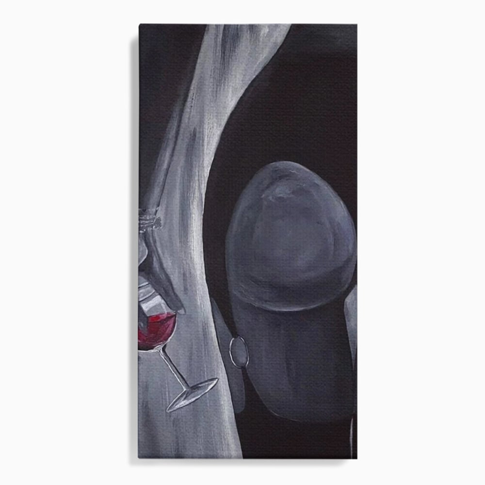 Tablou Canvas Premium, LuxCanva® P1040, Liniște cu Aroma de Vin, Pahar, Bautura, Vin, Rosu, Noapte, Umbra, Negru, Gri, Spate, Piele, Femeie, Dorinta, Pasiune, Sexy, Living, Dormitor