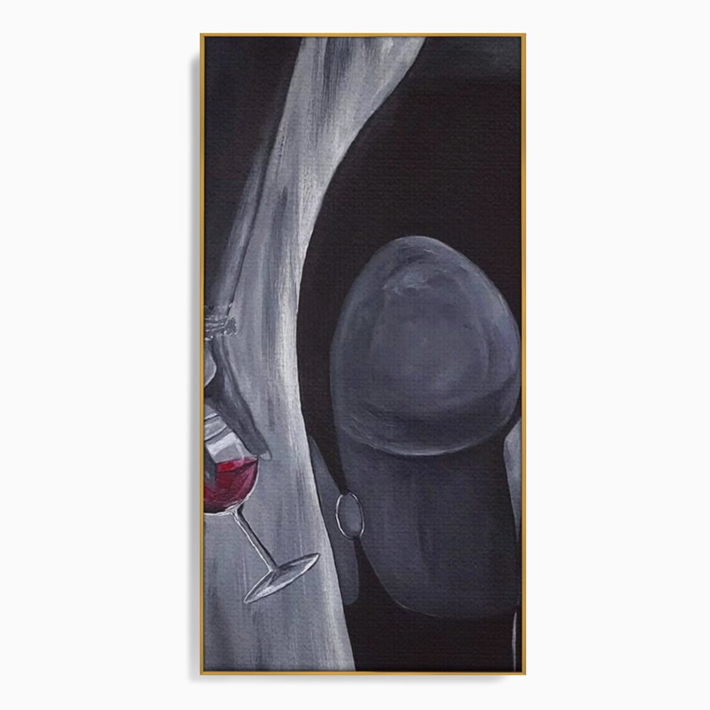 Tablou Canvas Premium, LuxCanva® P1040, Liniște cu Aroma de Vin, Pahar, Bautura, Vin, Rosu, Noapte, Umbra, Negru, Gri, Spate, Piele, Femeie, Dorinta, Pasiune, Sexy, Living, Dormitor