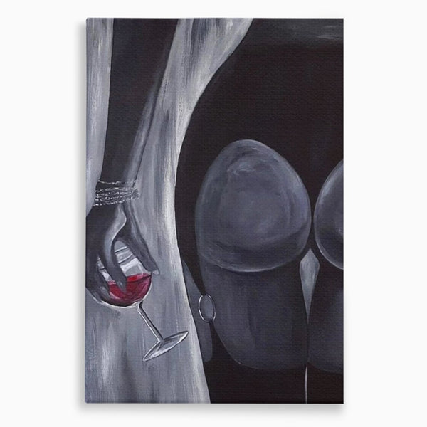 Tablou Canvas Premium, LuxCanva® P1040, Liniște cu Aroma de Vin, Pahar, Bautura, Vin, Rosu, Noapte, Umbra, Negru, Gri, Spate, Piele, Femeie, Dorinta, Pasiune, Sexy, Living, Dormitor