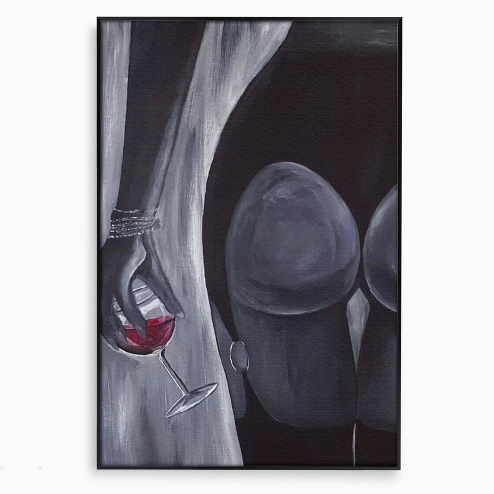 Tablou Canvas Premium, LuxCanva® P1040, Liniște cu Aroma de Vin, Pahar, Bautura, Vin, Rosu, Noapte, Umbra, Negru, Gri, Spate, Piele, Femeie, Dorinta, Pasiune, Sexy, Living, Dormitor