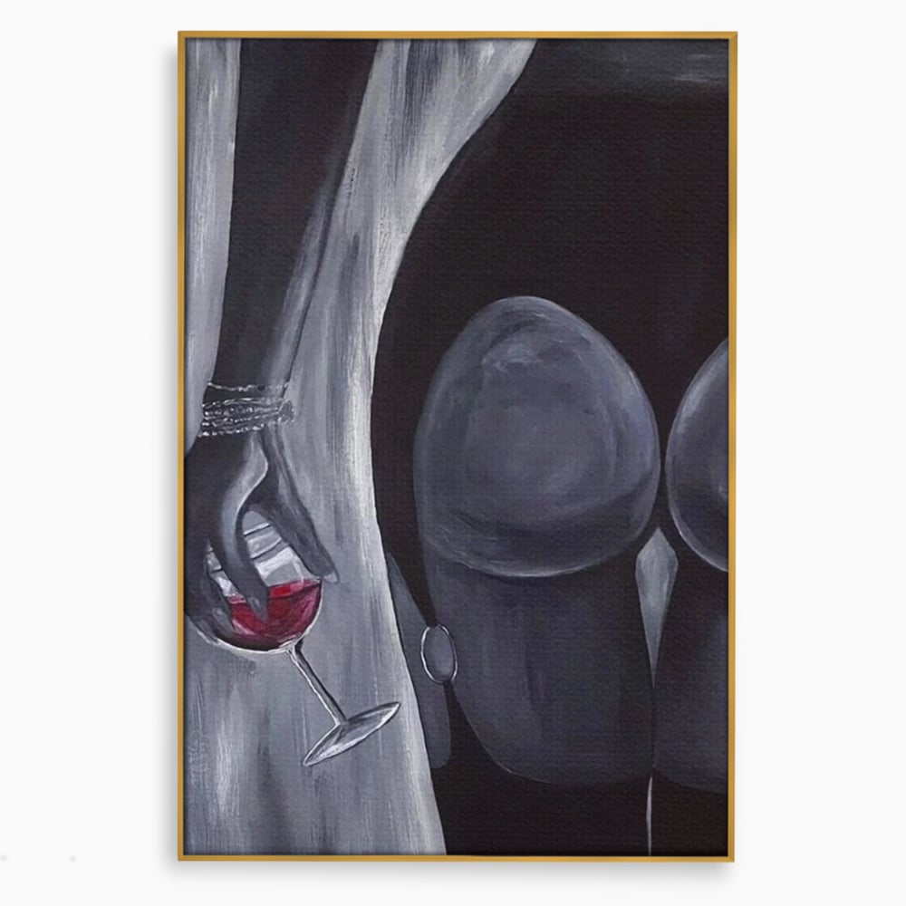 Tablou Canvas Premium, LuxCanva® P1040, Liniște cu Aroma de Vin, Pahar, Bautura, Vin, Rosu, Noapte, Umbra, Negru, Gri, Spate, Piele, Femeie, Dorinta, Pasiune, Sexy, Living, Dormitor